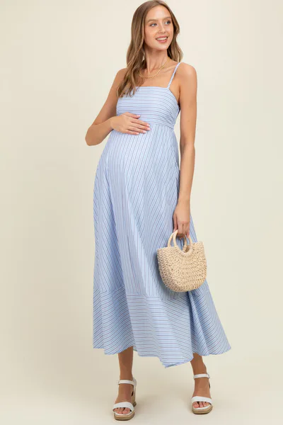 PinkBlush Light Blue Spaghetti Strap Stripe Maternity Maxi Dress