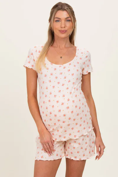 PinkBlush Peach Floral Ribbed Maternity Lounge Set