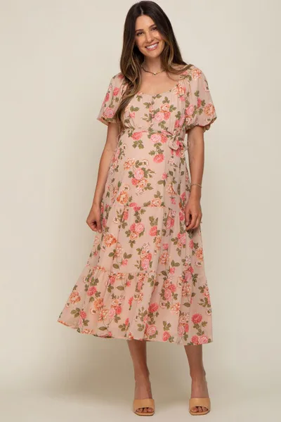 PinkBlush Pink Floral Button Puff Sleeve Maternity Midi Dress