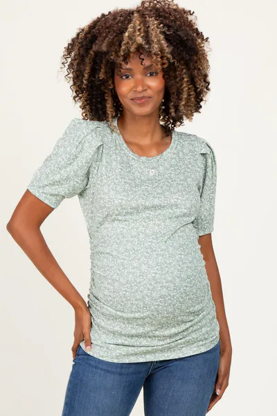 PinkBlush Sage Floral Short Sleeve Ribbed Maternity Top
