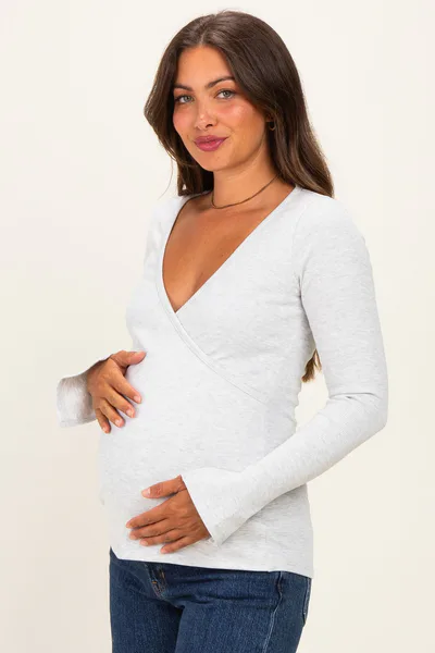 PinkBlush Heather Grey Fitted Long Sleeve Maternity Wrap/ Nursing Top