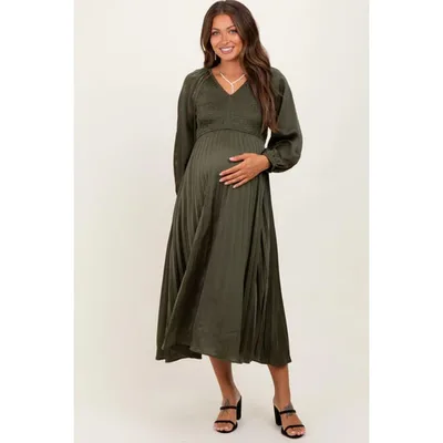 Target Pinkblush Olive Satin Smocked Pleated Maternity Midi Dress Small
