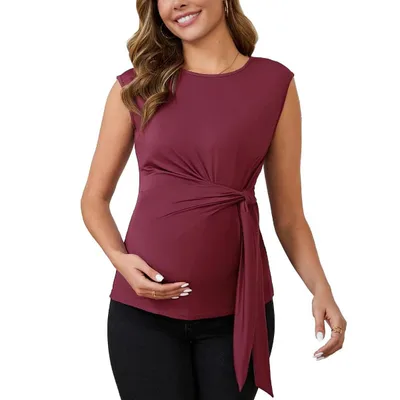 Target INSPIRE CHIC Women's Maternity Blouse Tie Front Belted Tunic Bowknot Tops Cap Sleeve Shirts Work Office Medium Red