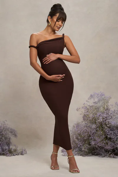 Club L London Salome | Chocolate Brown Twisted Asymmetric Maternity Midi Dress