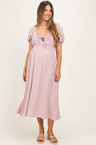 PinkBlush Light Pink Smocked Waist Short Sleeve Maternity Midi Dress