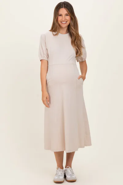 PinkBlush Beige Puff Sleeve Maternity Midi Dress