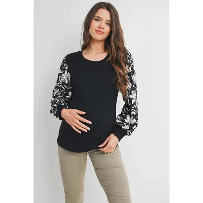 Target Hello Miz Ribbed Floral Puff Sleeve Maternity Top - Black - Small