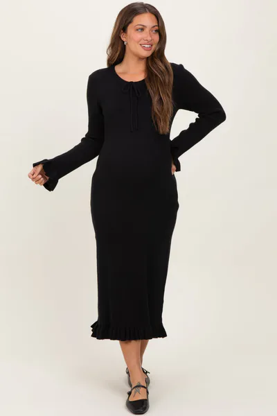 PinkBlush Black Ribbed Knit Ruffle Trim Maternity Midi Sweater Dress