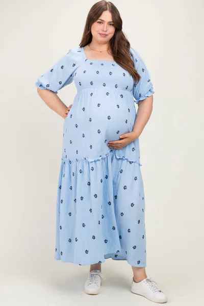 PinkBlush Light Blue Floral Smocked Puff Sleeve Plus Maternity Maxi Dress
