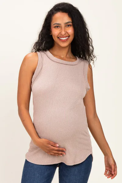 PinkBlush Beige Ribbed Sleeveless Maternity Top