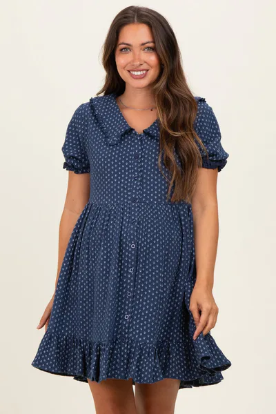 PinkBlush Navy Printed Ruffle Accent Maternity Shirt Dress