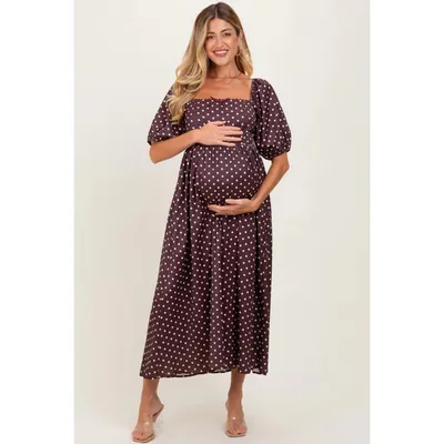 Target Pinkblush Brown Polka Dot Square Neck Maternity Midi Dress XSmall