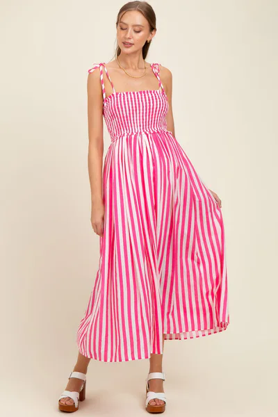 PinkBlush Pink Striped Smocked Shoulder Tie Maternity Midi Dress