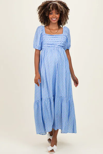 PinkBlush Blue Pleated Polka Dot Maternity Maxi Dress