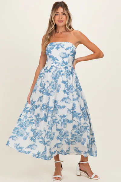 PinkBlush Blue Floral Strapless Maternity Midi Dress