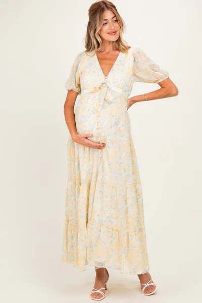 PinkBlush Daffodil Floral Button Down Front Tie Maternity Maxi Dress