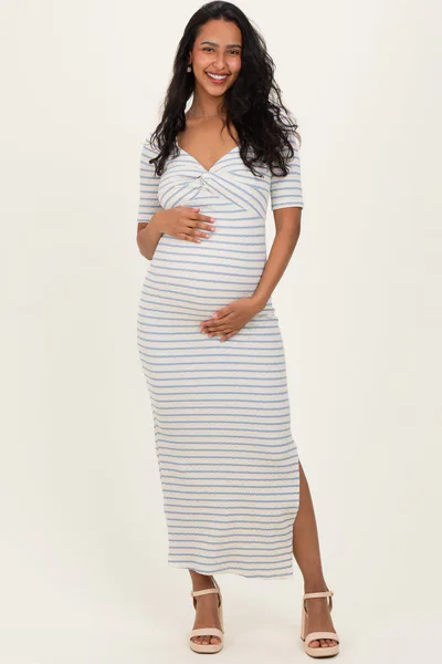 PinkBlush Cream/ Blue Striped Knit Short Sleeve Maternity Maxi Dress