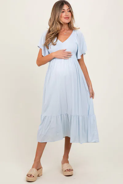 PinkBlush Light Blue Smocked Ruffle Maternity Dress