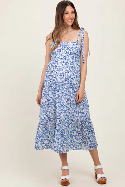 PinkBlush Blue Multi Floral Tie Strap Maternity Maxi Dress