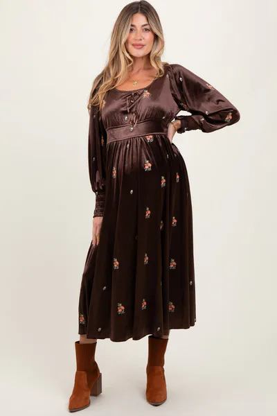 PinkBlush Brown Velvet Embroidered Floral Maternity Midi Dress