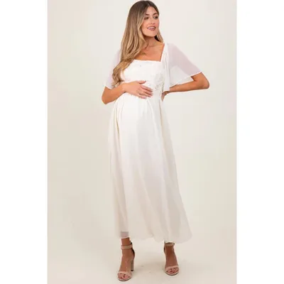 Target PinkBlush Cream Floral Applique Flutter Sleeved Maternity Midi Dress Cream Large