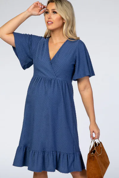 PinkBlush PinkBlush Blue Textured Polka Dot Ruffle Hem Short Sleeve Maternity Dress
