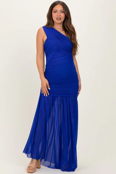 PinkBlush Royal Blue Ruched Mesh One Shoulder Maternity Maxi Dress