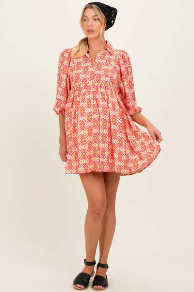 PinkBlush Red Print Collared Balloon Sleeve Maternity Dress