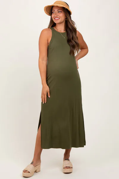 PinkBlush Olive Sleeveless Side Slit Maternity Midi Dress
