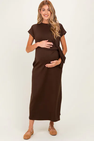 PinkBlush Brown Side Tie Short Sleeve Maternity Midi Dress