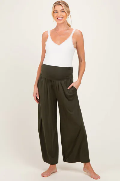 PinkBlush Olive Wide Waist Band Maternity Wide Leg Maternity Pants