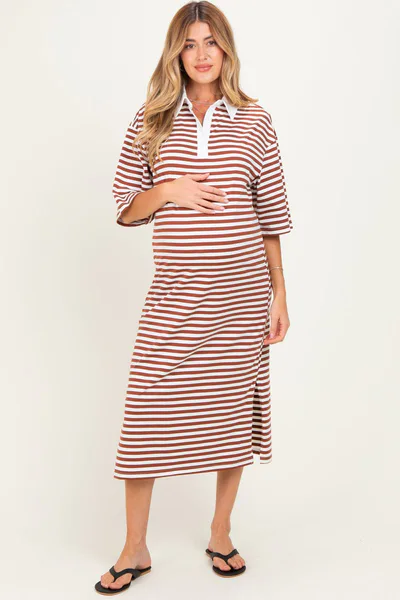 PinkBlush Brown Striped Oversized Maternity Polo Dress