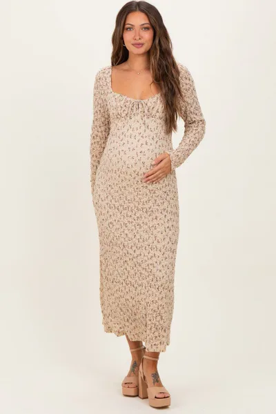 PinkBlush Beige Floral Sweetheart Neckline Long Sleeve Maternity Maxi Dress