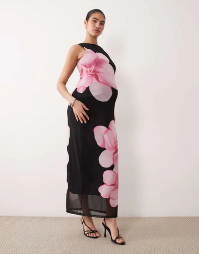 ASOS Mamalicious Maternity sleeveless mesh midi dress in black based floral print