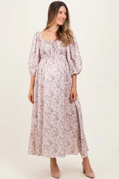PinkBlush Light Pink Floral Puff Sleeve Smocked Waist Maternity Midi Dress