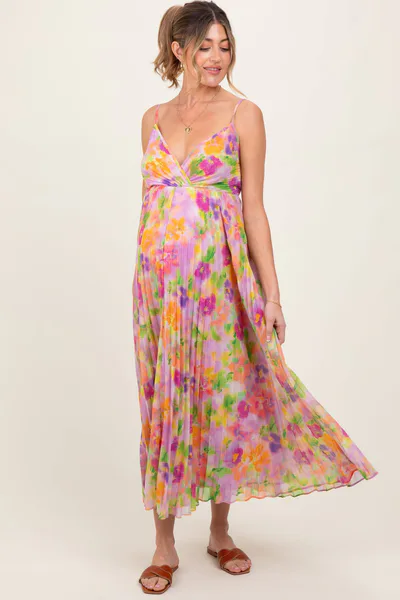 PinkBlush Lilac Floral Pleated Open Back Maternity Maxi Dress