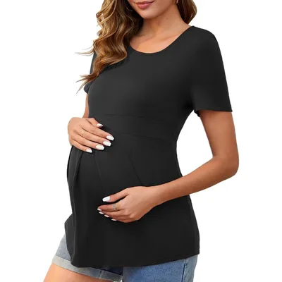 Target INSPIRE CHIC Women's Maternity Top Short Sleeve Crewneck Wrinkle Design Blouse Waist Tiered Pregnancy T-Shirt Medium Black