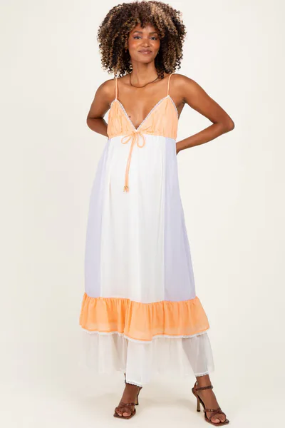 PinkBlush Cream Colorblock Tiered Ruffle Maternity Maxi Dress