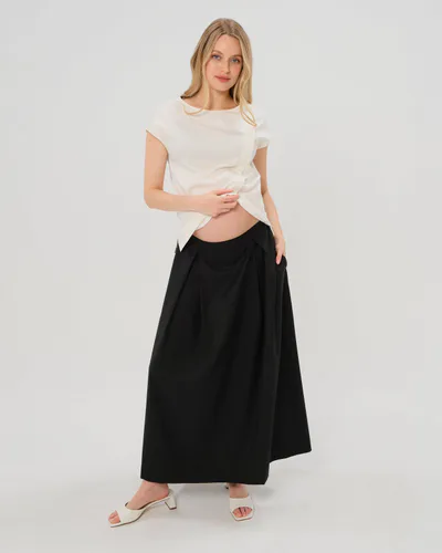 MARION Maternity Pleated Black Maternity Maxi Skirt in All-Season Wool Blend | Over/Under Bump