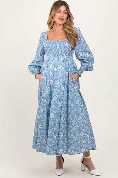 PinkBlush Light Blue Smocked Cotton Floral Maternity Maxi Dress