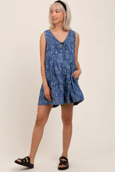 PinkBlush Navy Blue Floral Chambray Pleat Front Maternity Romper