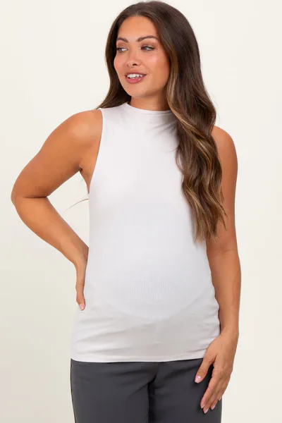 PinkBlush Beige Ribbed Sleeveless Mock Neck Maternity Top