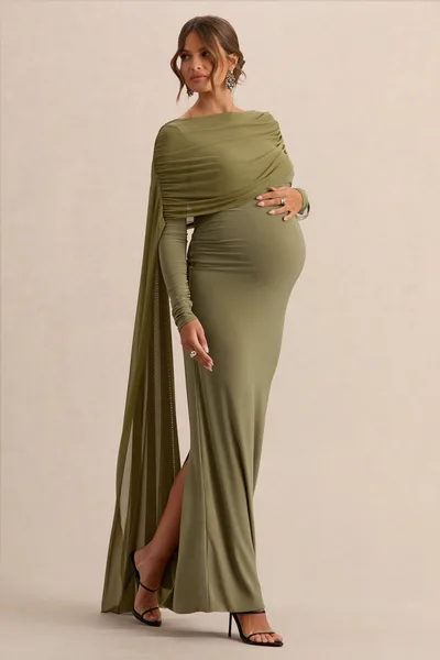 Club L London Annelia | Olive High-Neck Maternity Maxi Dress With Sash Detail