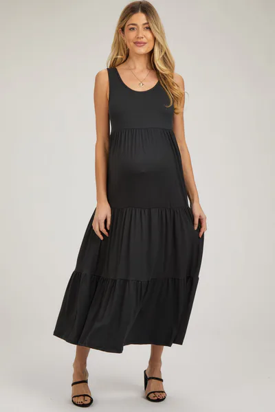 PinkBlush Black Sleeveless Scoop Back Tiered Maternity Maxi Dress