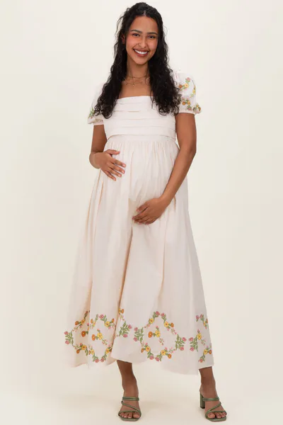 PinkBlush Creme Embroidered Floral Pleated Bodice Maternity Maxi Dress