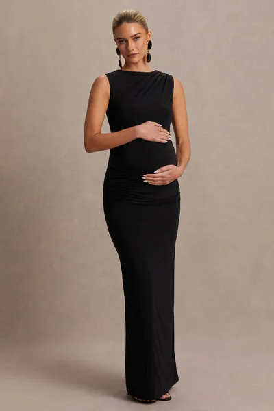 Club L London Raven | Black Boat-Neck Maternity Maxi Dress With Gathered-Detailing