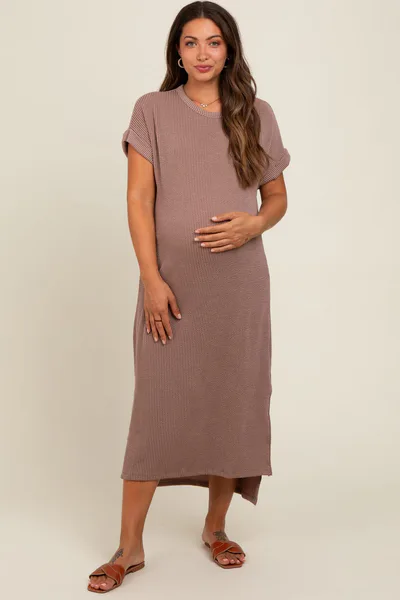 PinkBlush Taupe Ribbed Short Sleeve Maternity Midi Dress