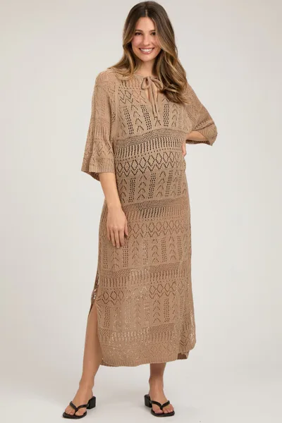 PinkBlush Taupe Open Knit Front Tie Side Slit Midi Maternity Swim Cover Up