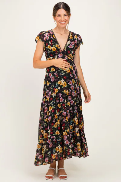 PinkBlush Black Multi Floral Chiffon V Neck Maternity Midi Dress