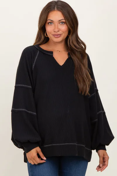 PinkBlush Black Solid Rib Long Sleeve V-Neck Oversized Maternity Tunic Top